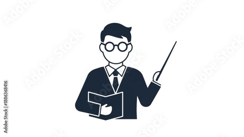 Man in suit holding book and pointer stick.