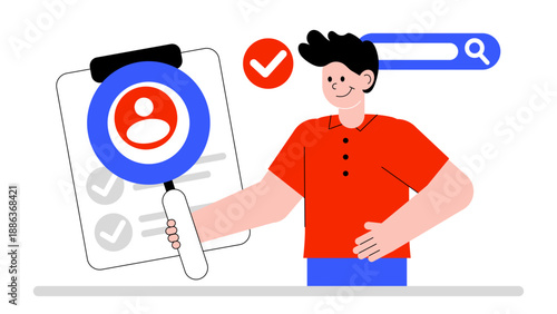 A man using a magnifying glass to look at a candidate profile on a clipboard