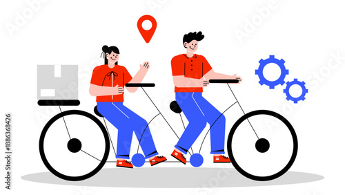 A man and a woman riding a tandem bicycle together delivering a package with a map pin and gear