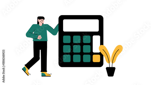 Woman standing next to a giant calculator representing financial planning