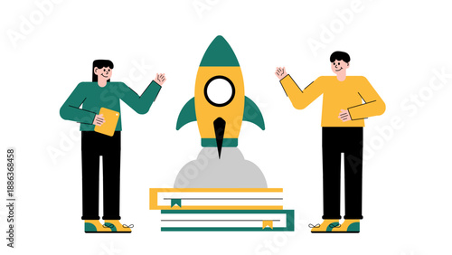 Two people discussing a rocket launch over a pile of books