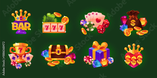 Cartoon gambling icons compositions. Online casino game assets, golden trophy cup, lucky symbols, poker cards and chips, money bag for jackpot, slot machine, tidy vector isolated set