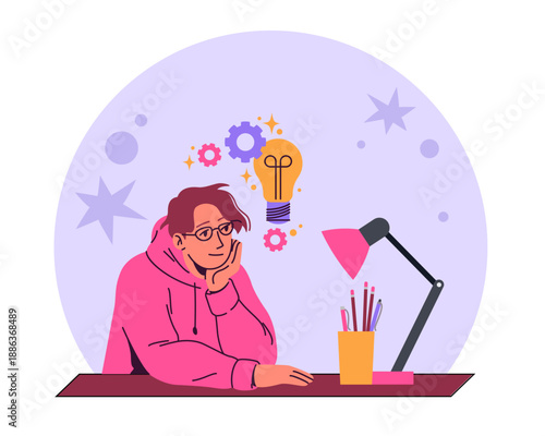 Business ideas development. Brainstorming session, thoughtful creative employee, creator or designer works, problem solving, no inspiration and motivation, vector cartoon isolated concept
