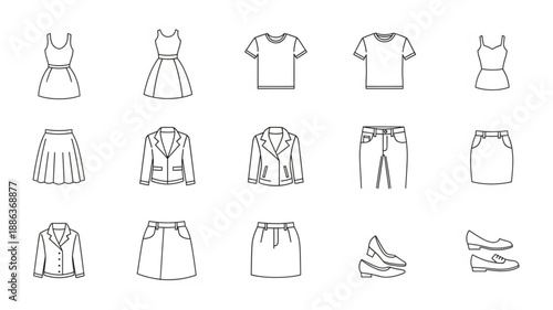 Collection of hand drawn fashion clothing items and shoes.
