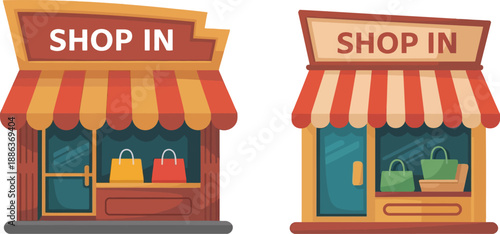 Cartoon illustration of two shops with striped awnings and shopping bags in windows side by side