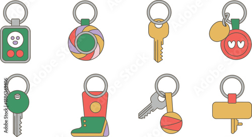 Collection of colorful cartoon keychain icons on white background