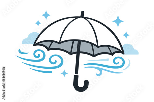 Hand drawn line art illustration of an umbrella depicting windy weather for a weather forecast
