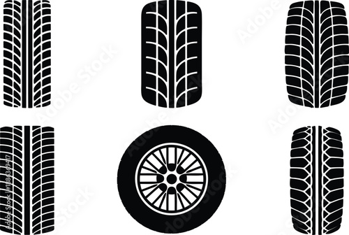 Collection of various tire tread patterns and one wheel with rim on white background