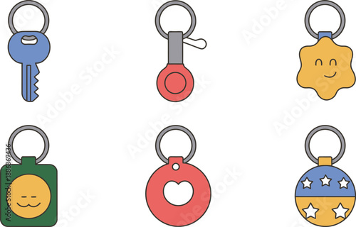 Colorful cartoon keychain icons with various shapes and symbols