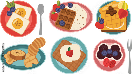 Colorful illustration of various breakfast foods on plates with fruits and utensils on white background