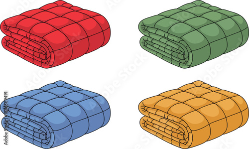 Four colorful folded blankets in red green blue and orange hues on white background