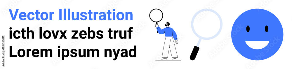 Fototapeta premium Person examining with magnifying glass, large blue happy face, bold dummy text. Ideal for research, search, analysis, user experience, positivity, exploration simple landing page
