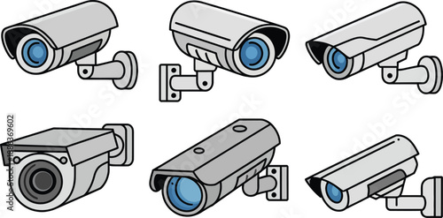 Six different types of security cameras on white background for surveillance and monitoring purposes
