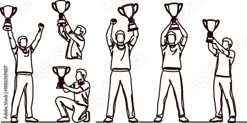 Six men celebrating with trophies in different poses and movements  holding up and kneeling with arms raised in victory