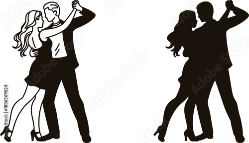 Two couples dancing tango in silhouette on white background