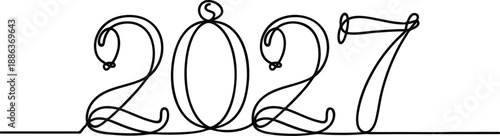 Year two thousand twenty seven written in black continuous line art with balloons on a white background