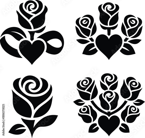 Mega collection of black and white valentine silhouettes including romantic couples floral shields and heraldic rose crests for holiday design.