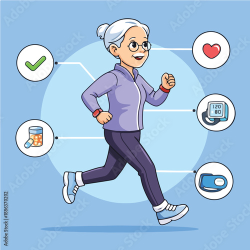 an elderly woman is running and has icons around her