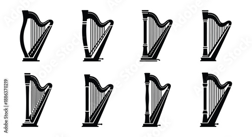 A collection of harp illustrations in varying styles and designs