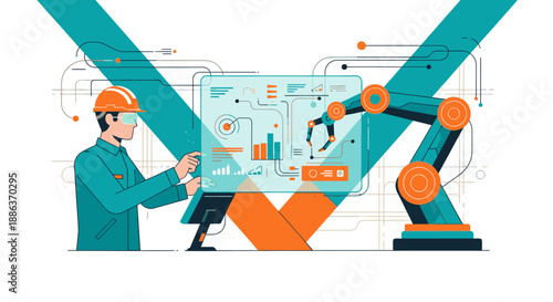 A skilled technician wearing a hard hat and augmented reality glasses manages complex industrial automation, integrating advanced robotics with data analytics on a modern interface.