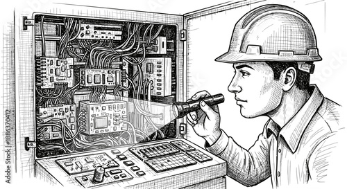 A focused technician in a hard hat examines intricate wiring and circuit boards of an open electrical control panel with a flashlight.