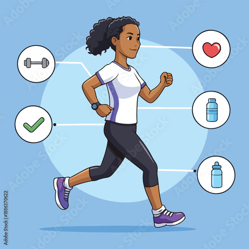 a cartoon woman running with a heart rate monitor and other icons
