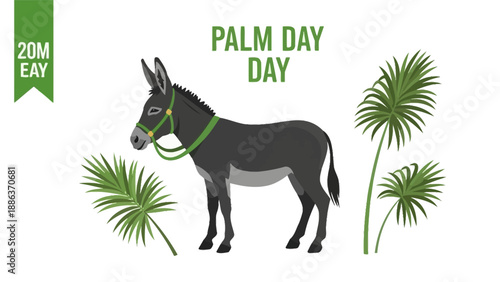 Donkey Standing with Green Harness and Palm.