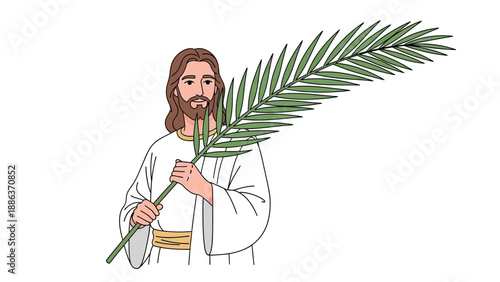 Jesus Christ holding palm leaf illustration.