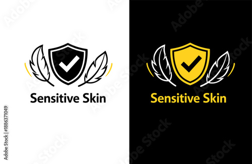 Clean graphic sensitive skin icon set featuring a shield with a checkmark and feathers for product packaging