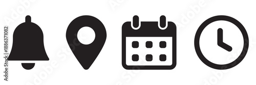 Location, time, calendar and notification bell icons set. Flat vector illustrations stock illustration