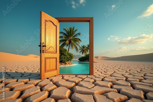 Open wooden door from dry cracked desert to tropical oasis