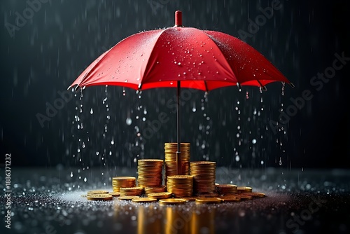 Stack of gold coins protected by red umbrella in the rain
