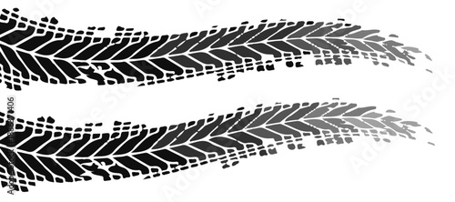 Cartoon vector illustration of panoramic vehicle tire tracks showing braking distance and tread patterns. Background for transportation design, automotive concepts and safety visuals