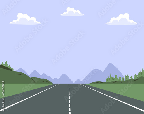 Cartoon vector illustration of a straight empty road crossing green meadows toward distant mountains under a clear blue sky. Peaceful summer countryside landscape concept for travel and freedom