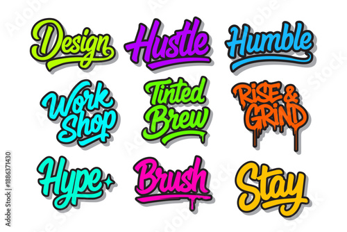 Colorful Motivational Hand Lettering Typography Set with Urban Street Style Quotes for Apparel Design and Creative Social Media Content
