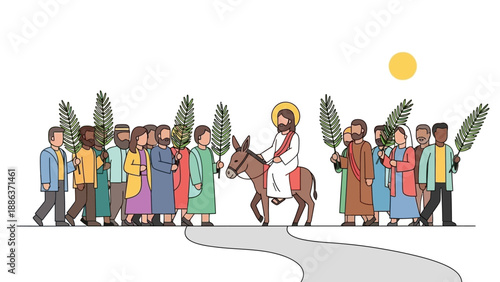 Jesus Riding Donkey with People Following.
