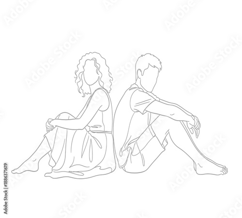 A simple line drawing depicts a couple sitting back to back seemingly disconnected