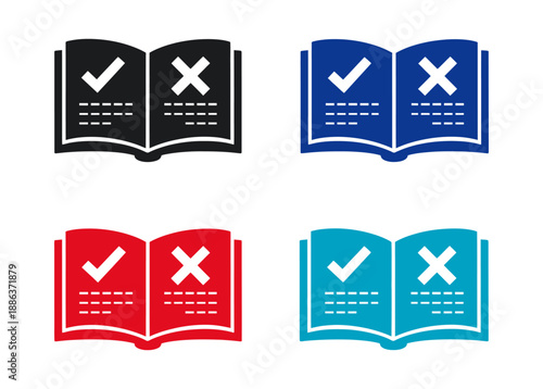 Graphic book icon set featuring check and x marks for rules and guidelines