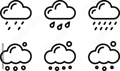 Five black and white cloud with different weather conditions