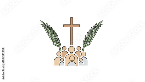 Christian Cross with Olive Branches and People.