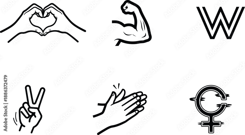 Fototapeta premium hand gestures and symbols in black line art on white background