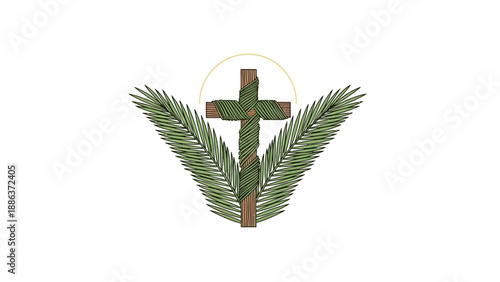 Christian Cross with Palm Branches Symbol.