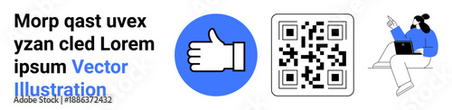 Digital tools, communication, QR technology, approval icons, remote work, team collaboration. A thumbs-up sign, QR code and a seated individual working on a laptop. Digital tools and communication