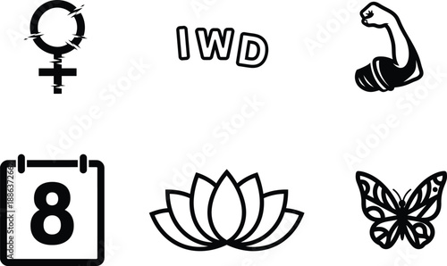International Womens Day icons with symbols of female empowerment and floral motifs