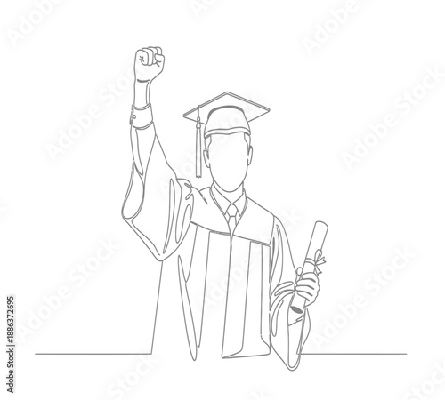 Line art of a graduating student raising a fist with diploma in hand