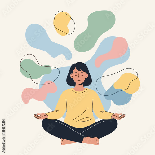 Abstract illustration of a peaceful woman meditating, achieving inner calm and mental clarity amidst flowing thoughts, symbolizing mental well-being and mindfulness