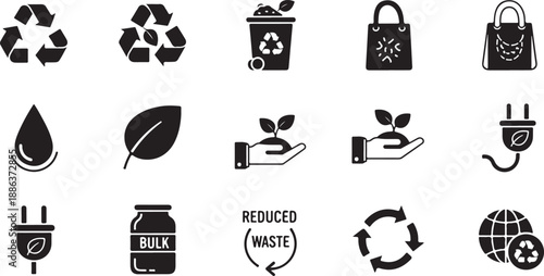 Collection of eco friendly sustainable living icons on white background