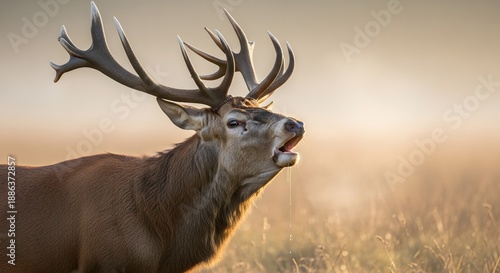 Photorealistic red deer stag in rutting season September with massive antlers and intense expression, autumn morning fog and warm light, professional wildlife portrait photo in high resolution HDR 8k