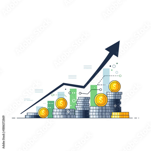 Financial growth concept with increasing coin stacks and an upward trend arrow, symbolizing business success and profitable investments through strategic planning and market performance