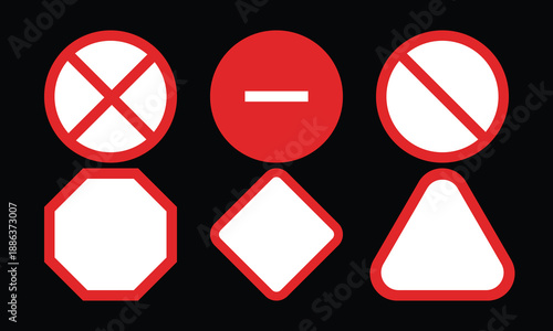 Red Outline Basic Safety Sign Shapes Set: Prohibition Circle Octagon, Alert Triangle Diamond, Cross Bar Vector Icons